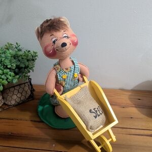 Annalee Bear with Yellow Wheelbarrow and Green Overalls Vintage 1996